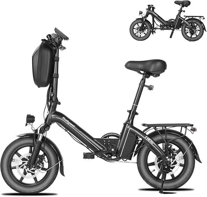 Zwarte, opvouwbare elektrische fiets. Zijaanzicht met een kleinere afbeelding rechtsboven.