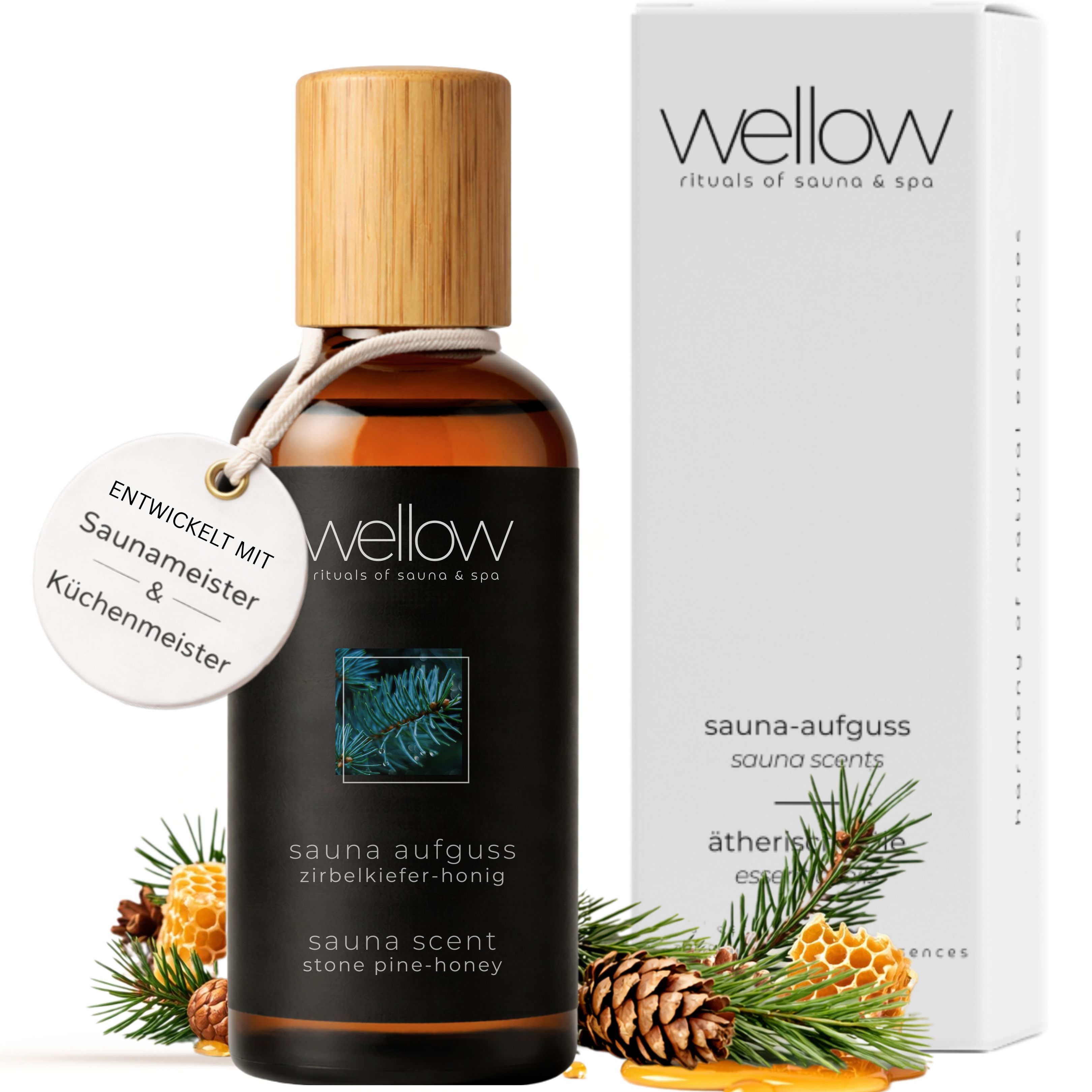Bouteille et emballage. Texte : Wellow rituals of sauna & spa. Sauna-Aufguss Zirbelkiefer-Honig. Sauna scent stone pine-honey. Développé avec maître sauna.