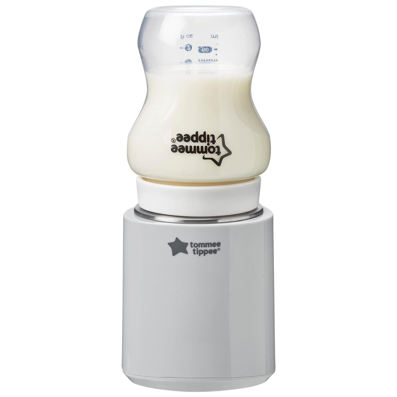 Chauffe-biberon portable avec biberon. Boîtier blanc, biberon avec lait. Logo Tommee Tippee.