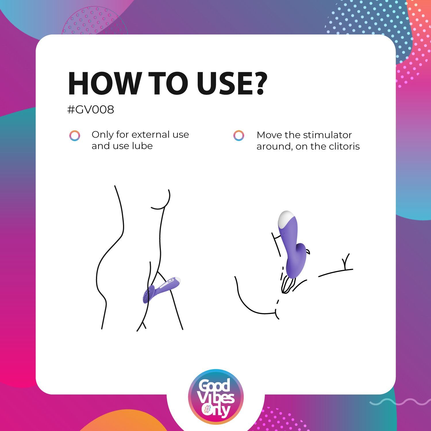 Illustraties over het gebruik van de clitorisstimulator. Instructies voor extern gebruik en beweging.