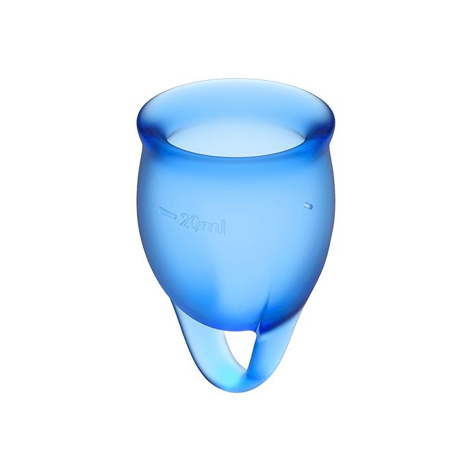 Coupe menstruelle bleue avec anneau. Capacité : 20 ml.