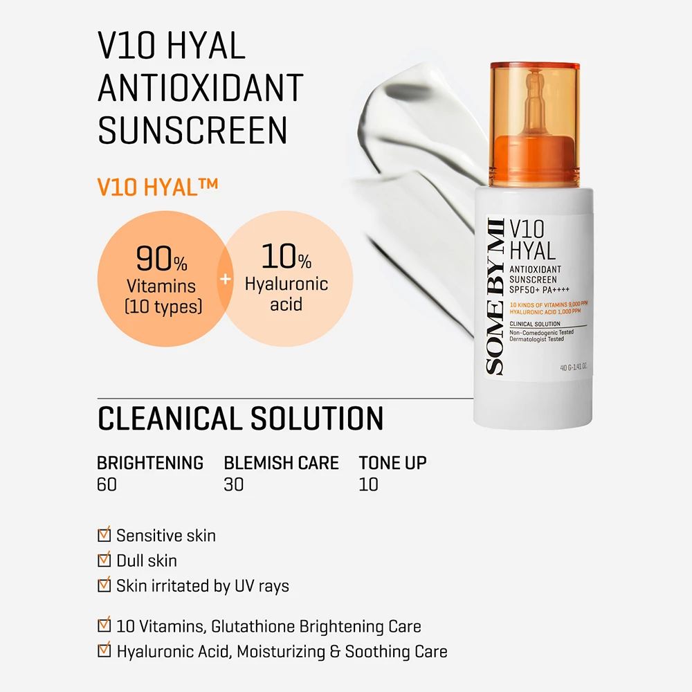 Flacon blanc avec bouchon orange. Texte : V10 HYAL Antioxidant Sunscreen. Diagramme : 90% vitamines, 10% acide hyaluronique. Texte : Clinical Solution.
