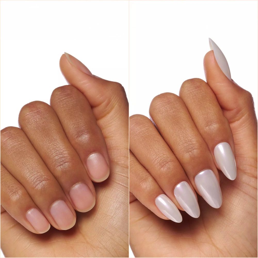 Comparaison: ongles naturels vs. faux ongles. Main droite avec ongles clairs et brillants. Marque: Essence.