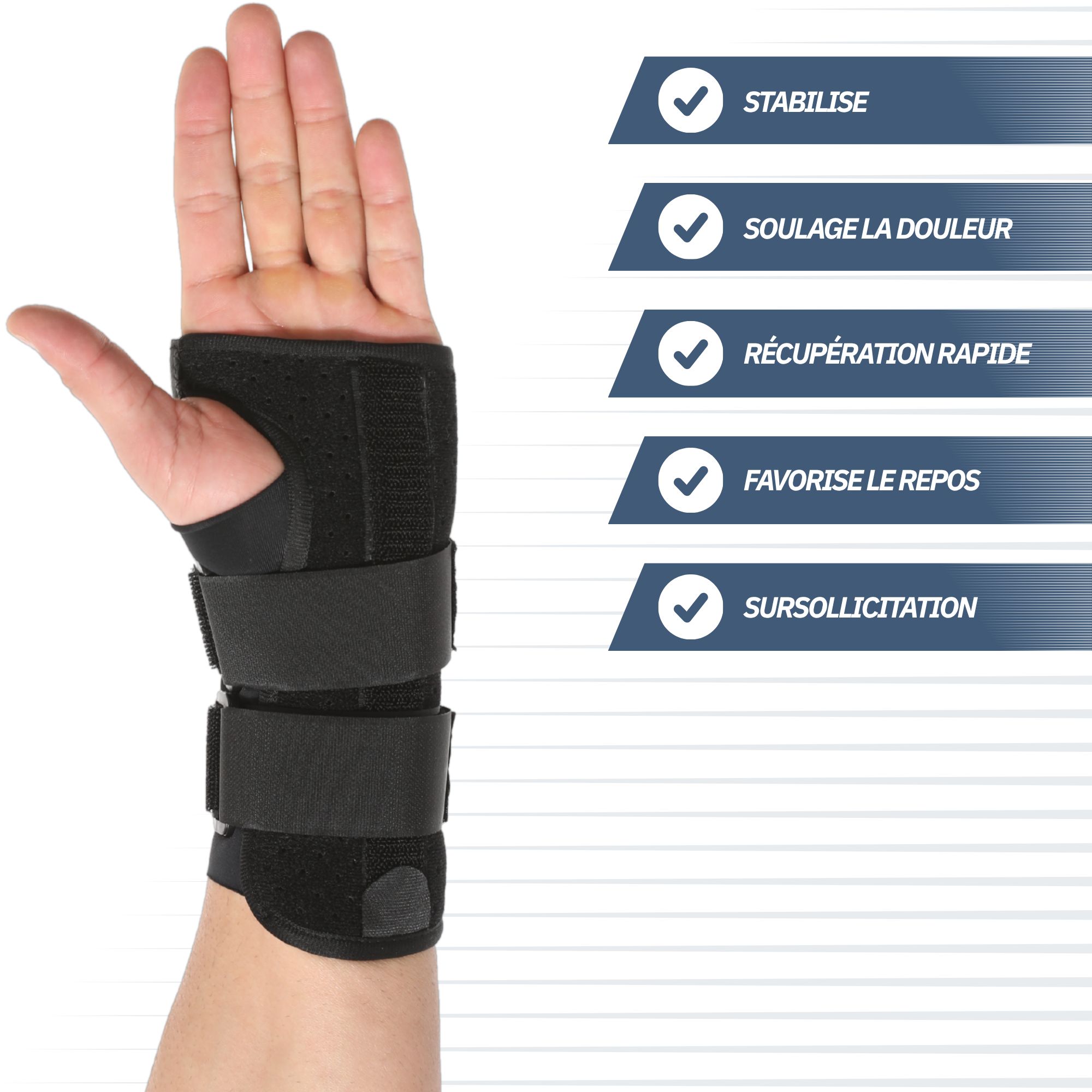 Orthèse de poignet noire avec fermeture velcro pour stabiliser le poignet.
