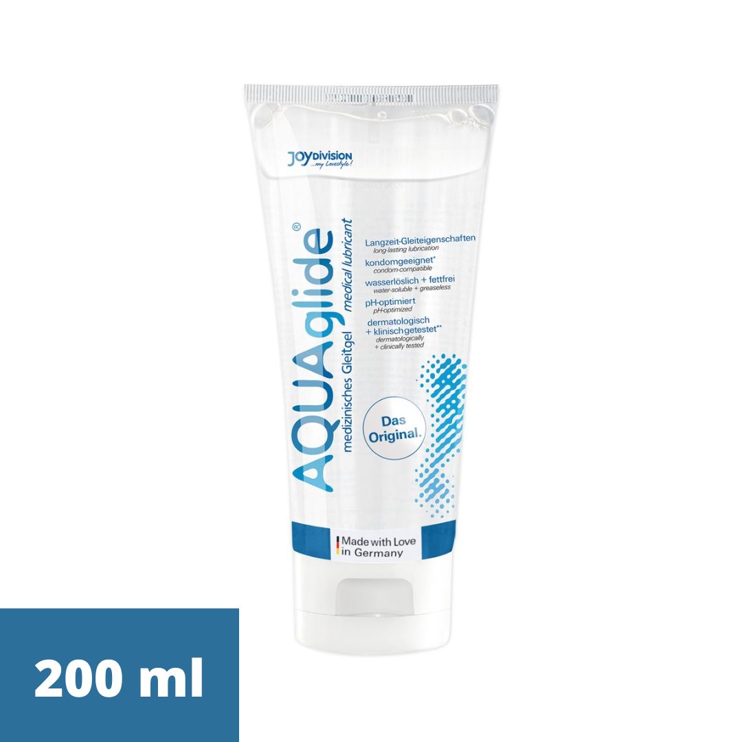 Medische glijmiddel AQUAglide in tube. Blauwe tekst, 200 ml. "Made with Love in Germany".