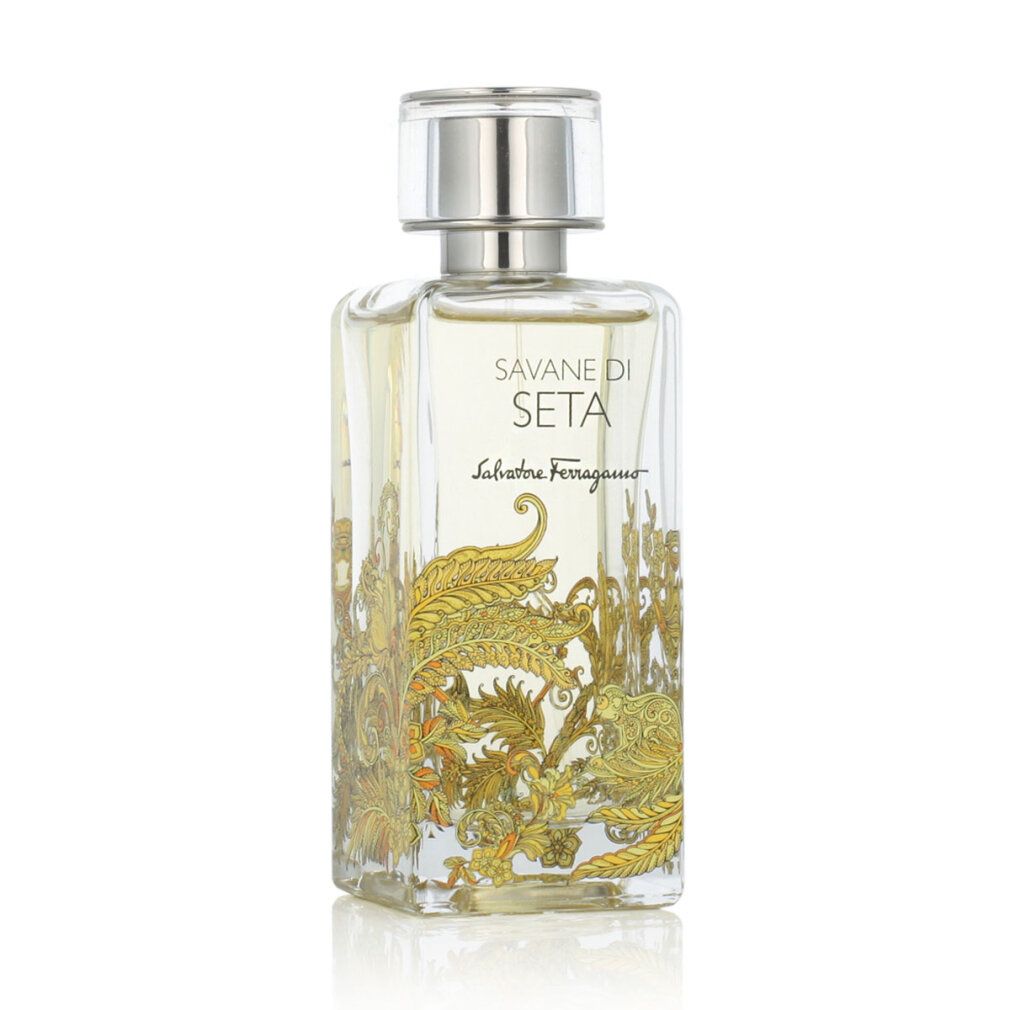 Flacon de Salvatore Ferragamo Savane Di Seta Eau de Parfum avec bouchon argenté et décor doré.