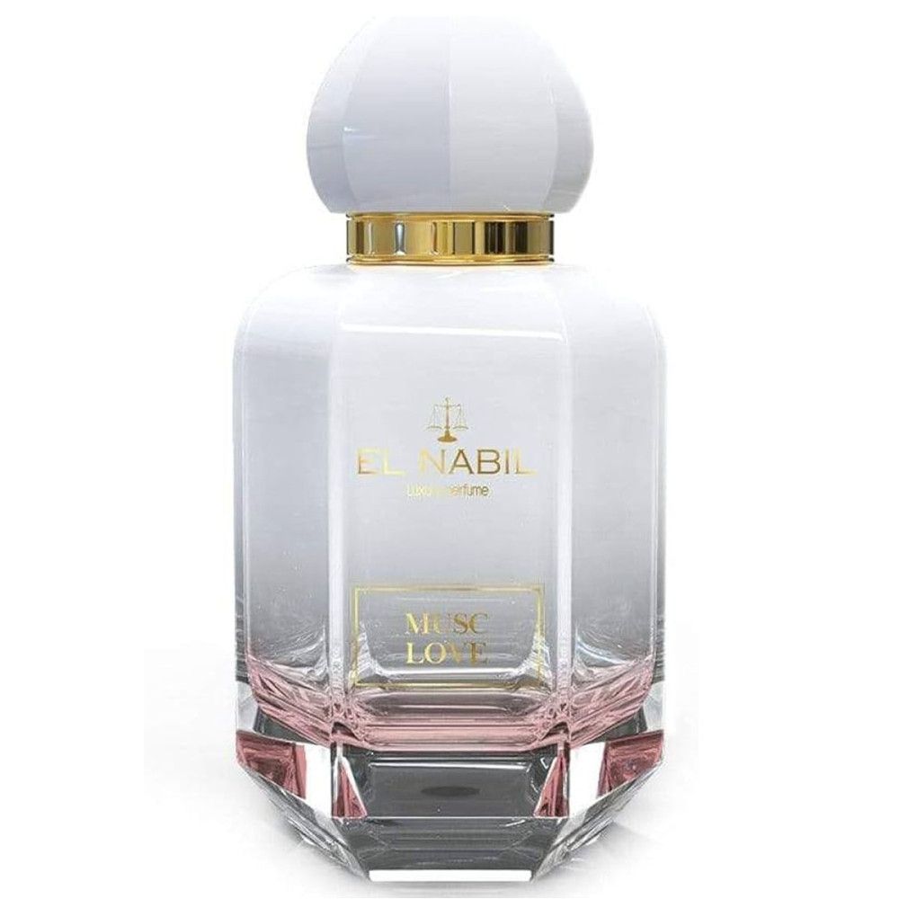 Parfumfles met witte dop en gouden ring. Opschrift: El Nabil, Musc Love.