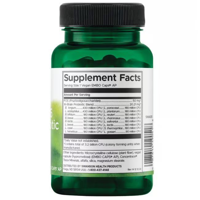 Dos de la bouteille verte. Inscription: Supplement Facts. Liste des ingrédients et valeurs nutritionnelles.