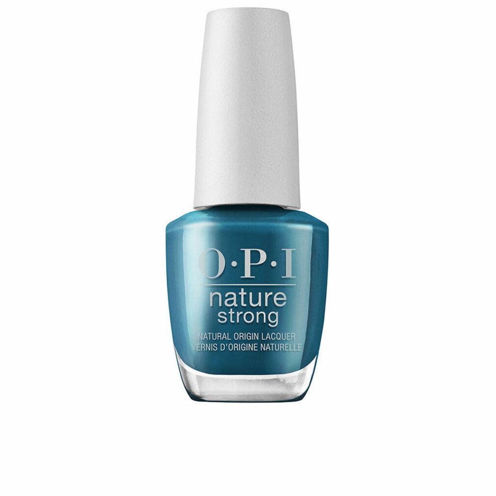 Flacon de vernis à ongles bleu-vert avec bouchon blanc. Logo et texte OPI Nature Strong.