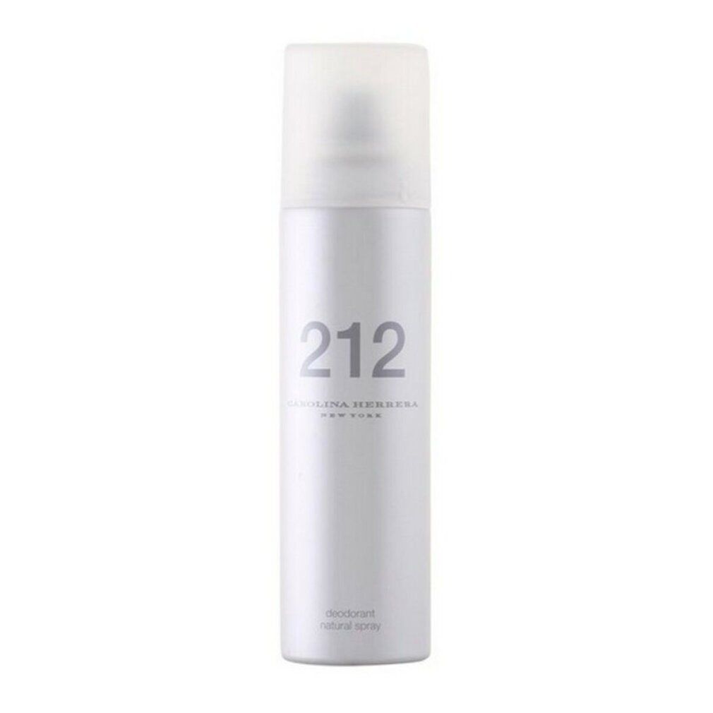 Zilverkleurige deospray met witte dop. Opschrift: 212, Carolina Herrera, Deodorant Natural Spray.