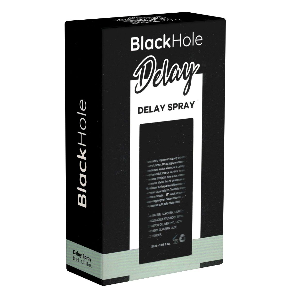 Zwarte verpakking met productnaam Black Hole Delay Spray. Witte tekst. Opschrift Delay Spray. 30 ml.