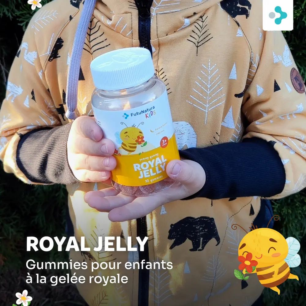 Enfant tenant flacon "FutuNatura Kids Royal Jelly". Fond orange avec texte : "Gummies pour enfants à la gelée royale".