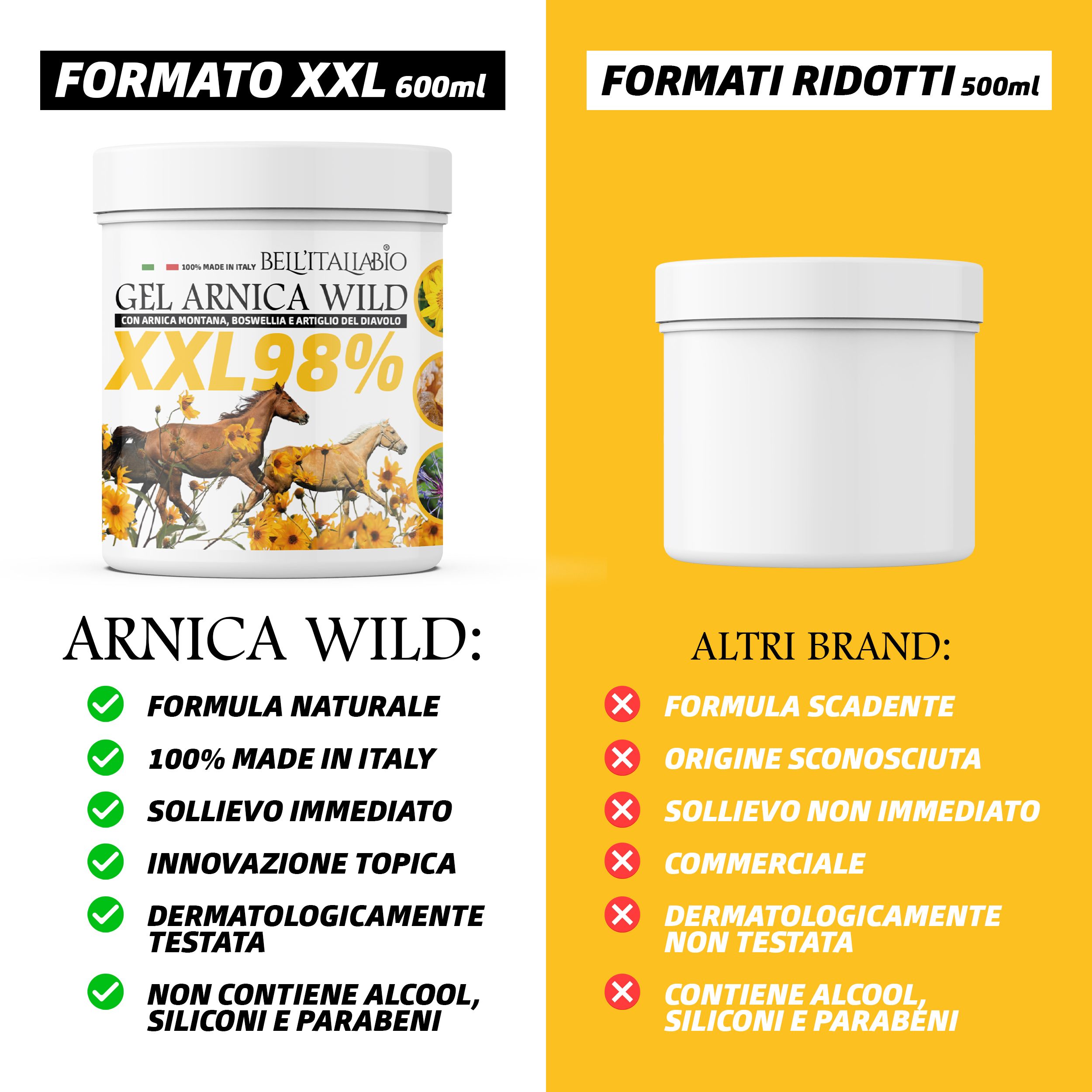 Vergelijking van XXL 600ml en kleinere formaten. Pot met GEL ARNICA WILD XXL 98%. Voordelen en nadelen van andere merken.