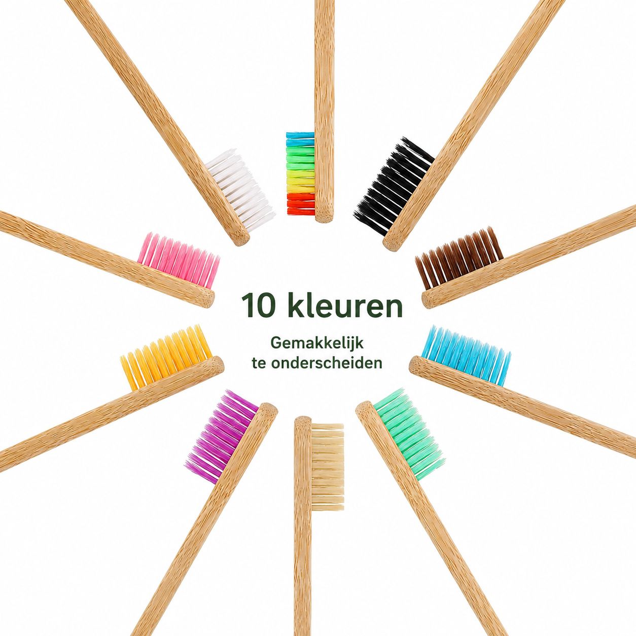 Tien bamboe tandenborstels met verschillend gekleurde borstels, in een cirkel geplaatst.