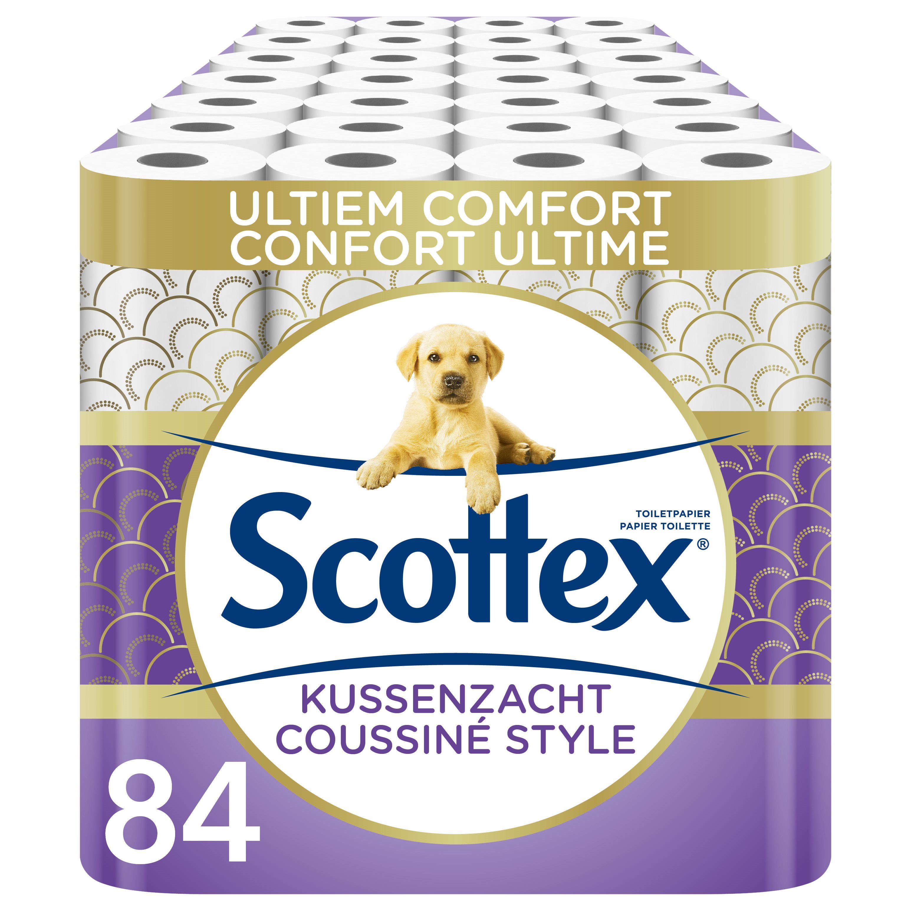 Paquet de papier toilette Scottex, 84 rouleaux. Emballage violet avec logo, illustration de chiot et texte.