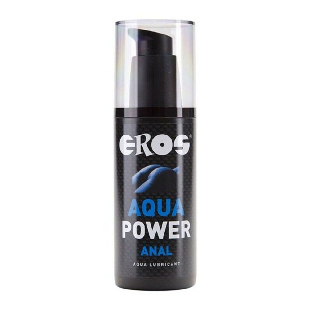 Lubrifiant anal Eros Aqua Power dans un flacon pompe noir avec capuchon transparent.