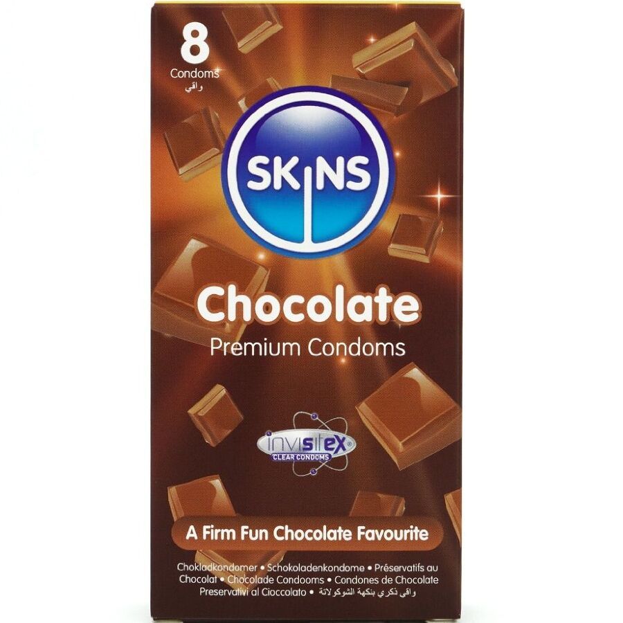 Boîte de 8 préservatifs SKINS Chocolate. Design chocolat. Texte: Premium Condoms, A Firm Fun Chocolate Favourite.