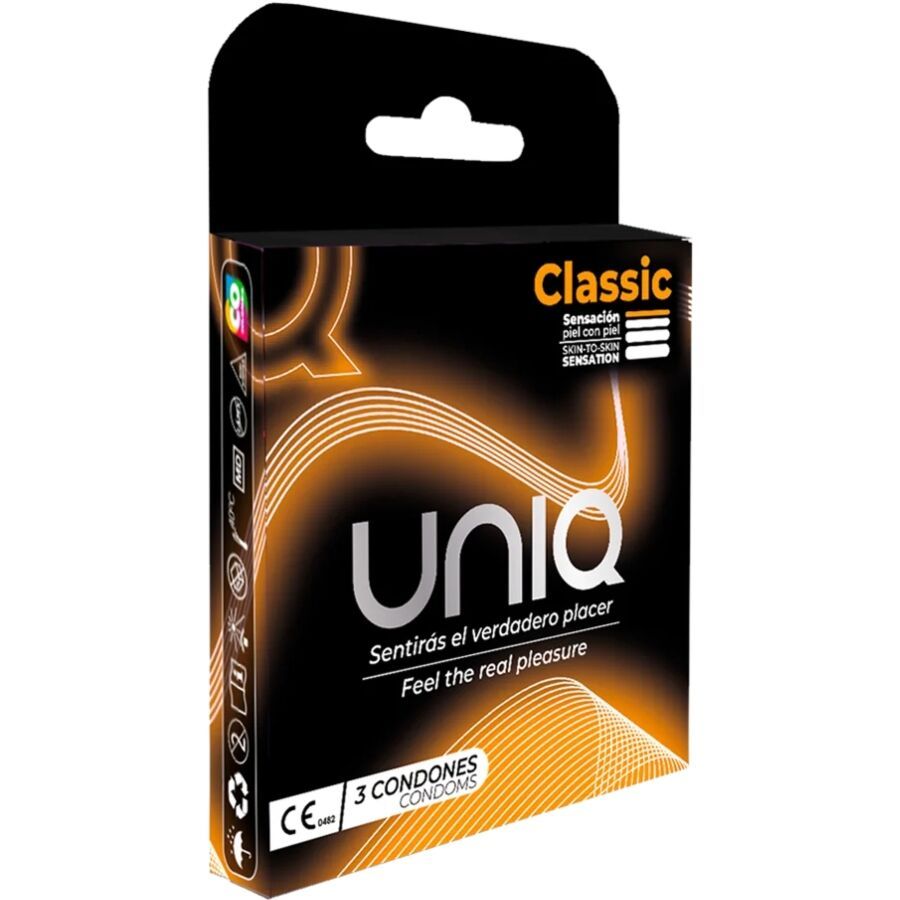 Zwarte verpakking met 'Uniq Classic'. Bevat 3 condooms. Tekst: 'Feel the real pleasure'. CE-markering. Oranje en witte elementen.