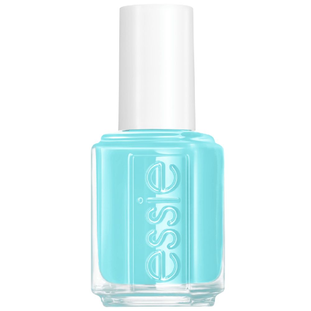 Turquoise nagellak in een transparant flesje met witte dop. Op het flesje staat "essie".