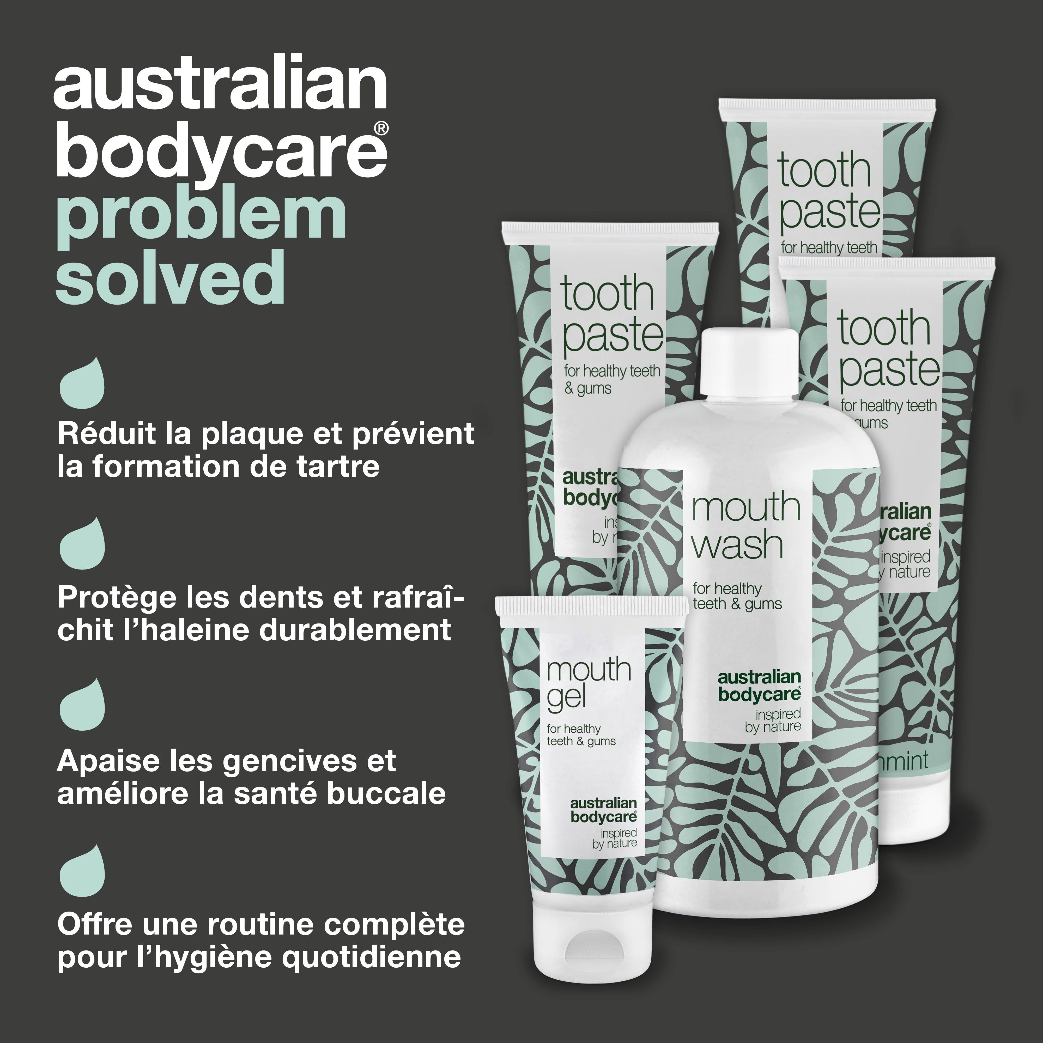Produits: dentifrice, bain de bouche, gel buccal. Texte: Australian Bodycare. Avantages pour l'hygiène buccale.
