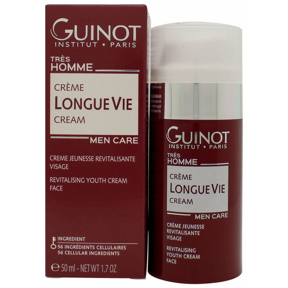 Product en verpakking. Opschrift: Guinot, Trs Homme, Crme Longue Vie, Men Care, Revitalising Youth Cream Face.