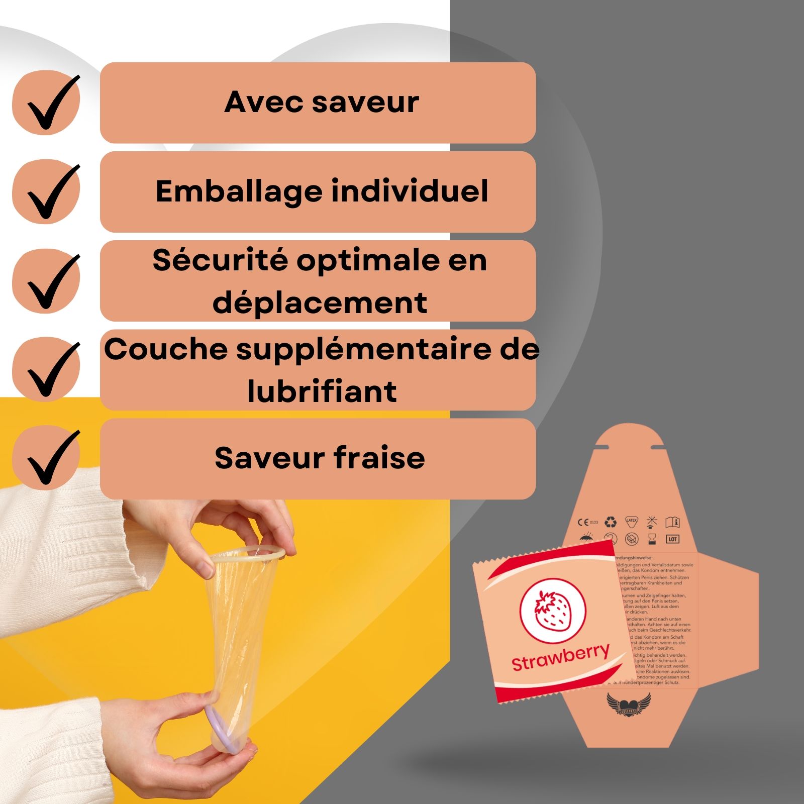 Emballage et préservatif. Texte: Avec goût, emballé individuellement, sécurité, arôme fraise.