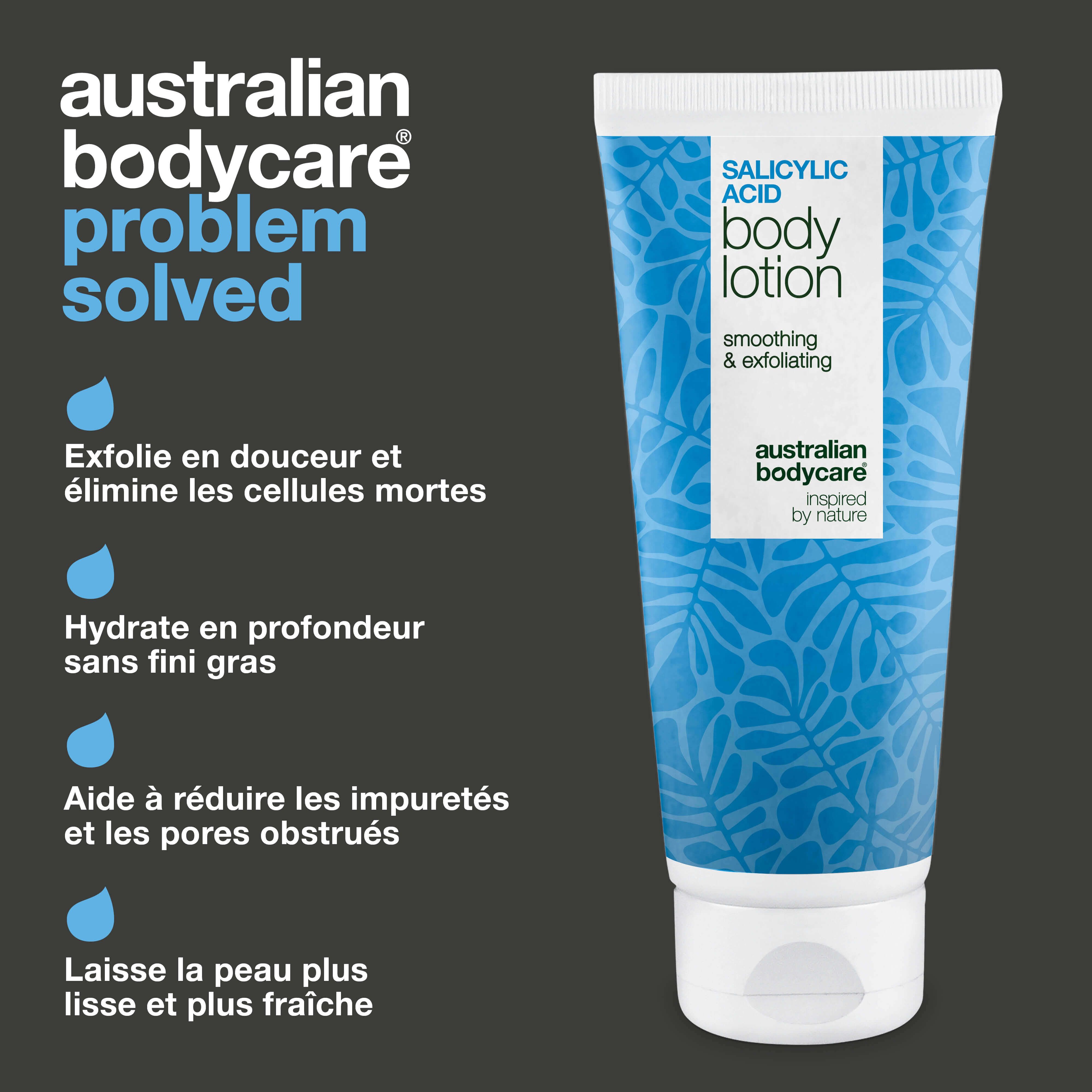 Publicité produit. Tube de lotion pour le corps à l'acide salicylique. Texte : exfolie, hydrate, réduit les imperfections, lisse la peau.