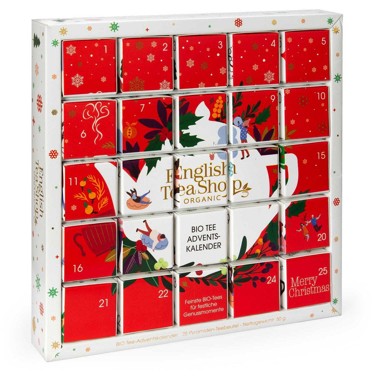 Calendrier de l'Avent avec 25 portes rouges. Logo et texte English Tea Shop. Calendrier de l'Avent BIO. Design de Noël.