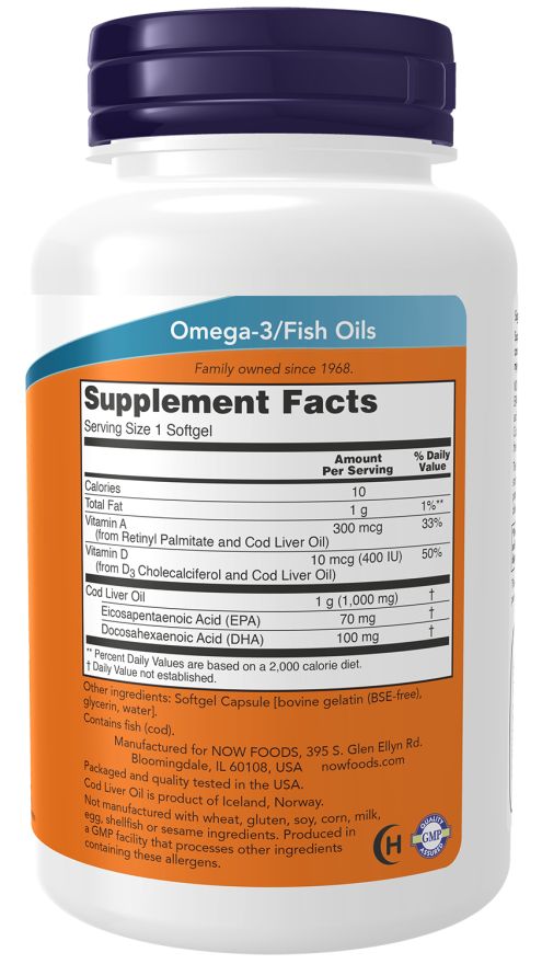 Achterkant fles. Oranje etiket met voedingsinformatie. Bevat levertraan, vitamine A en D. Gemaakt in de VS.