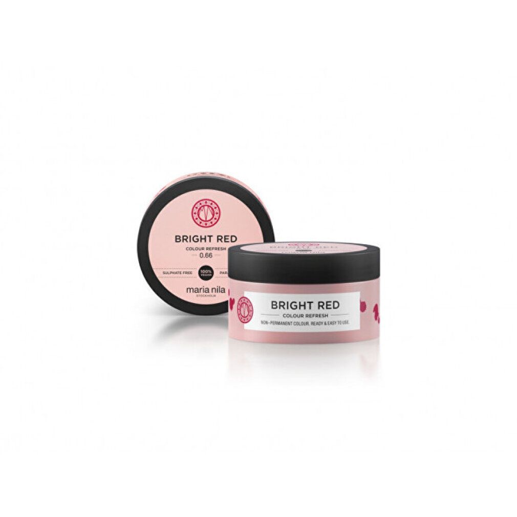 Twee roze potten met zwarte deksel. Opschrift: Bright Red Colour Refresh. 0.66. Niet-permanente kleurmasker.