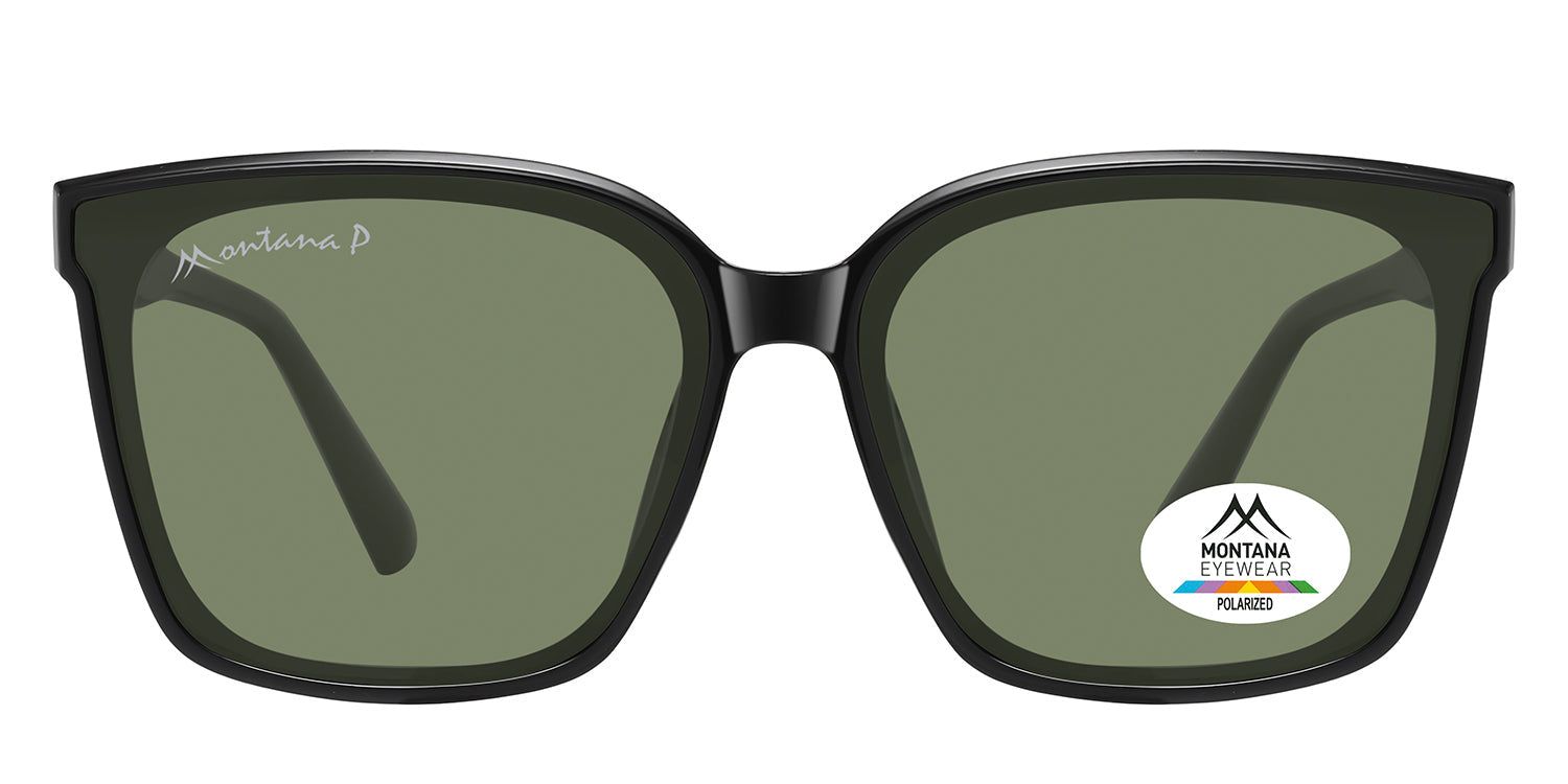 Lunettes de soleil noires avec verres verts. Logo Montana Eyewear sur la lentille et la branche. Verres polarisés.