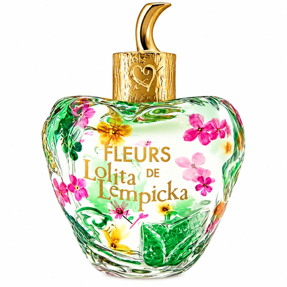 Hartvormig glazen parfumflesje met bloemenprint en gouden dop. Tekst: Fleurs Lolita de Lempicka.