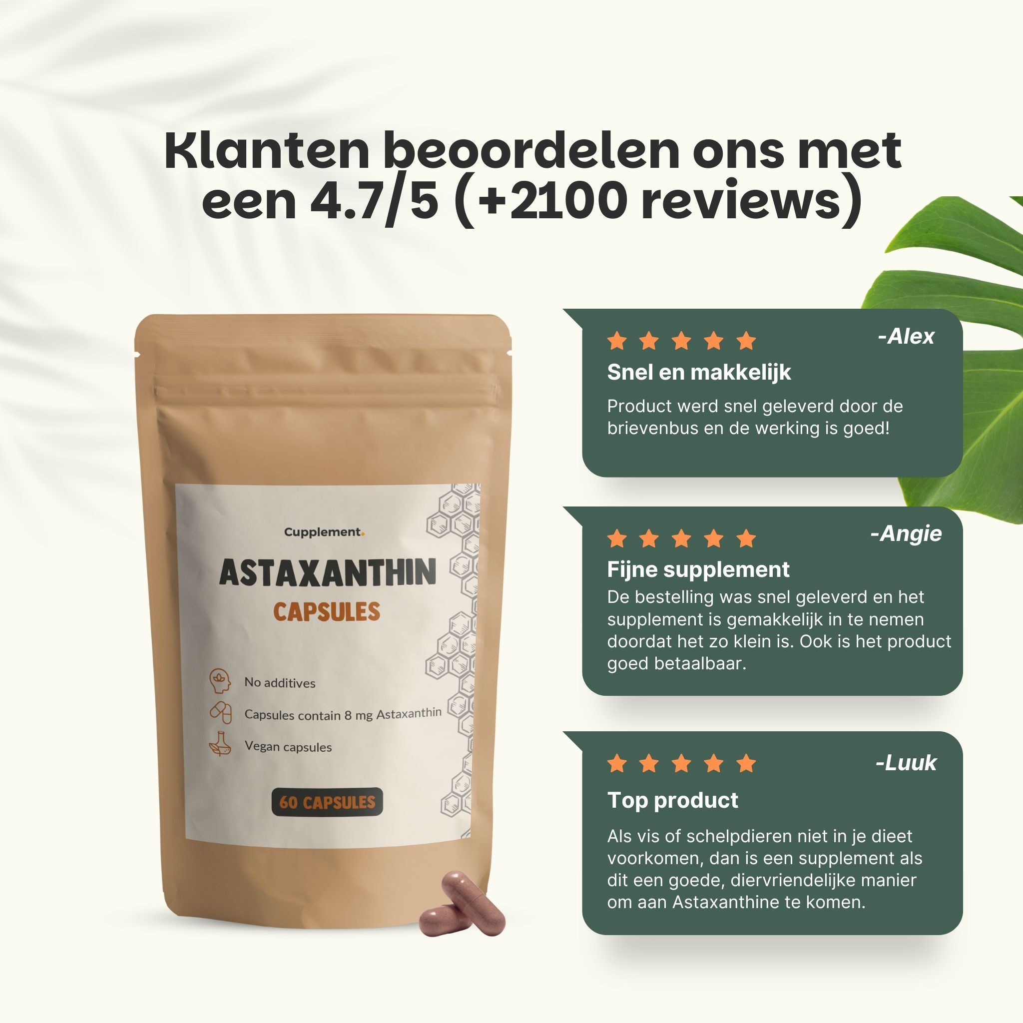 Bruine zak met astaxanthine capsules. Tekst: 'Astaxanthine capsules'. 60 capsules. Klantbeoordeling 4,7/5.