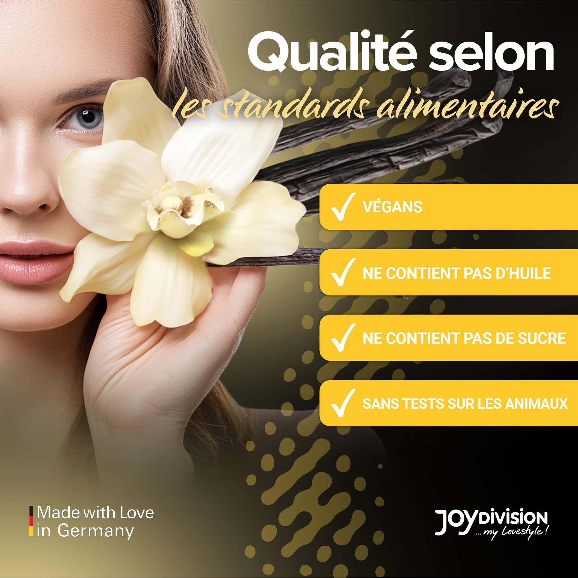 Bouteille WARMUP Vanille Massage-Liquid avec fleur et gousses de vanille.