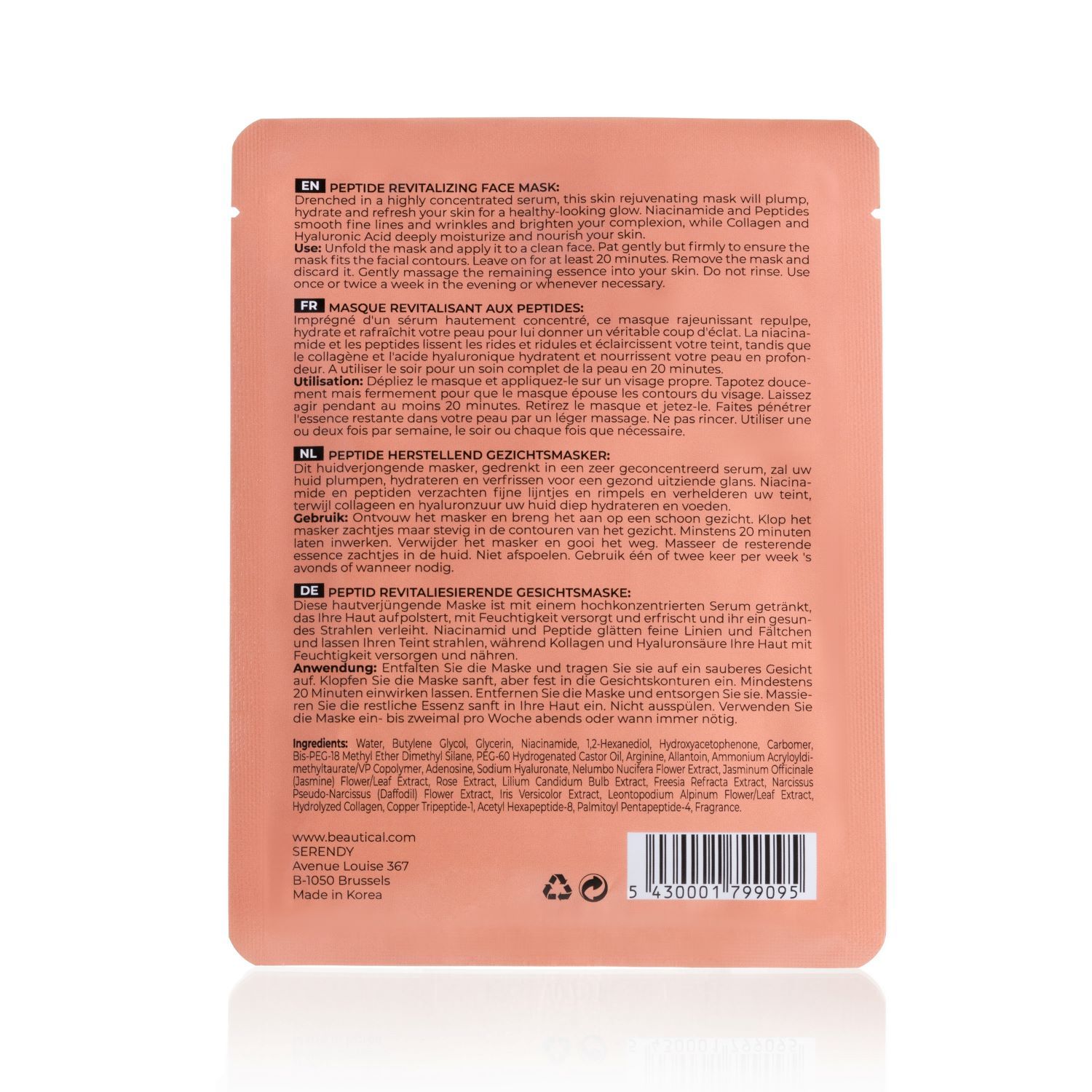 Achterkant van Beautical Peptid Revitalizing Mask. Tekst in het Engels, Frans, Nederlands en Duits. Ingrediënten.