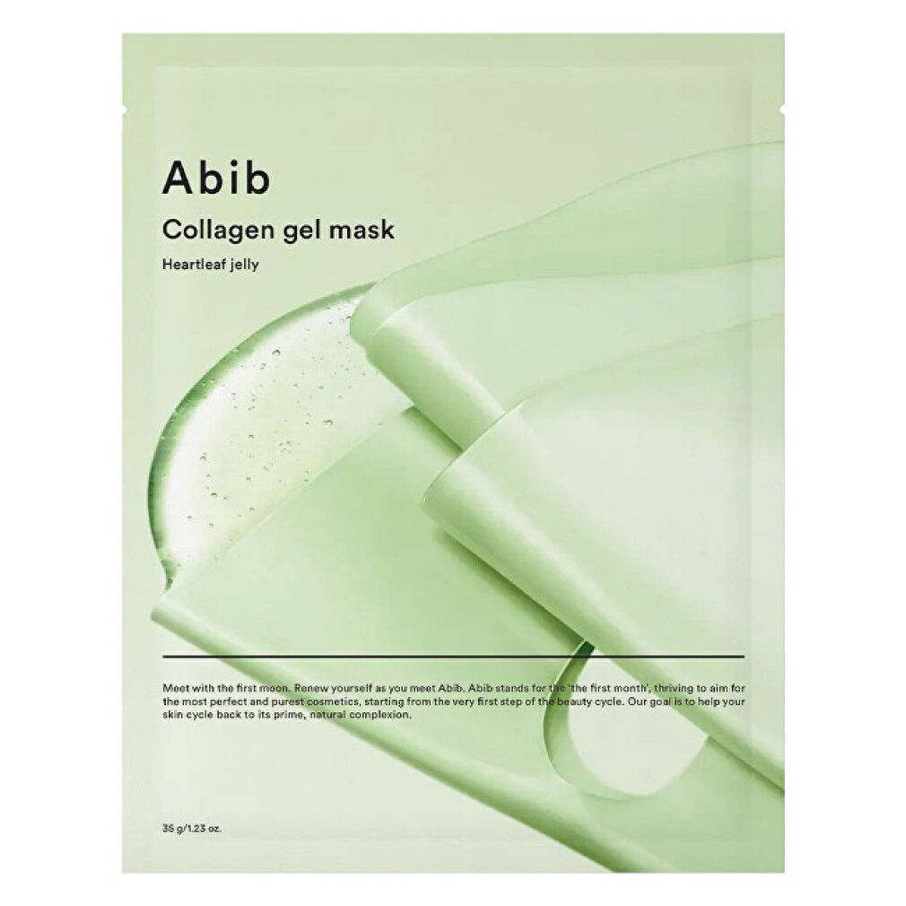Abib Collagen Gel Mask Heartleaf Jelly verpakking, licht geopend, met gel overlay.