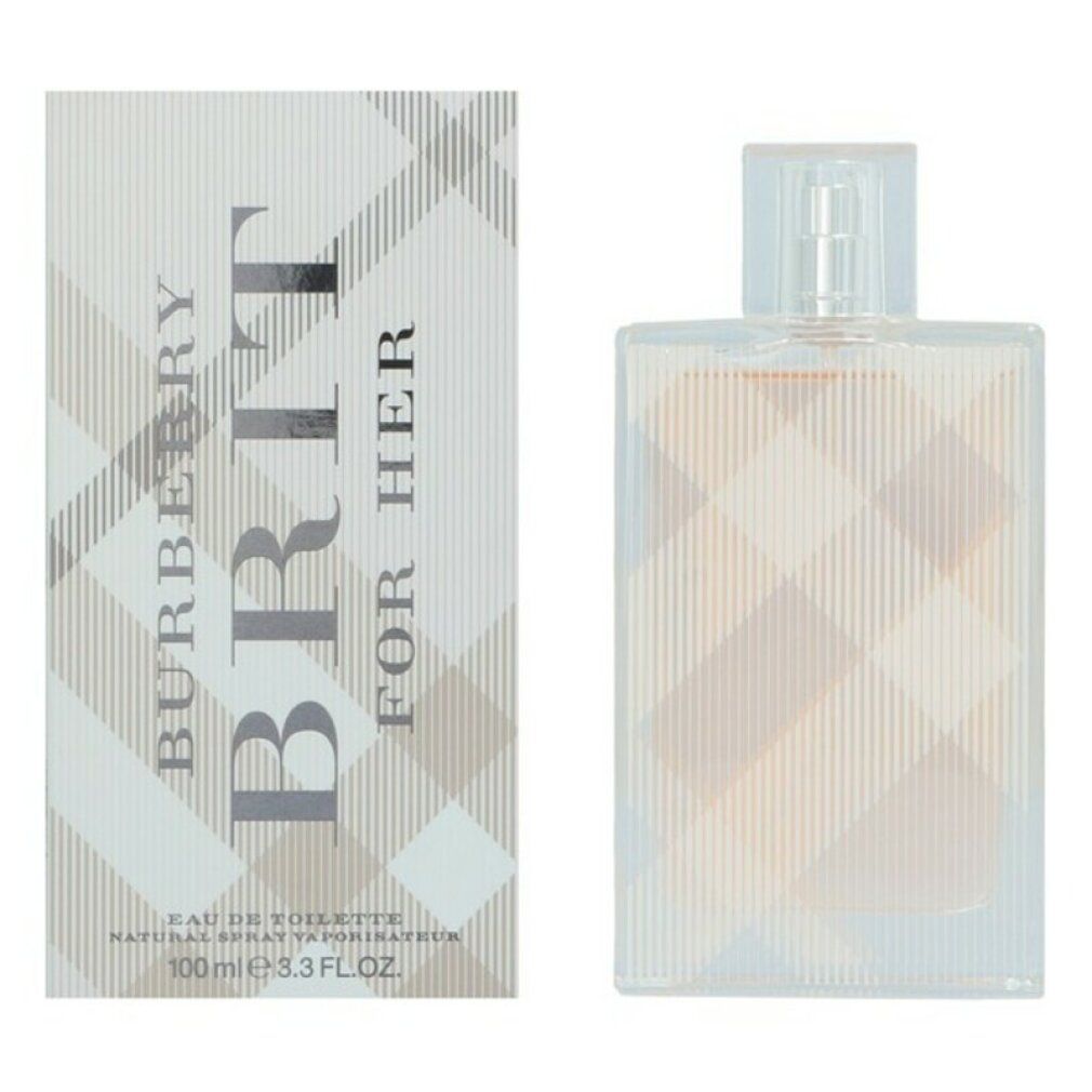 Flacon et boîte. Flacon rectangulaire avec vaporisateur. Boîte avec logo et texte. Motif à carreaux. Texte: Burberry Brit For Her.