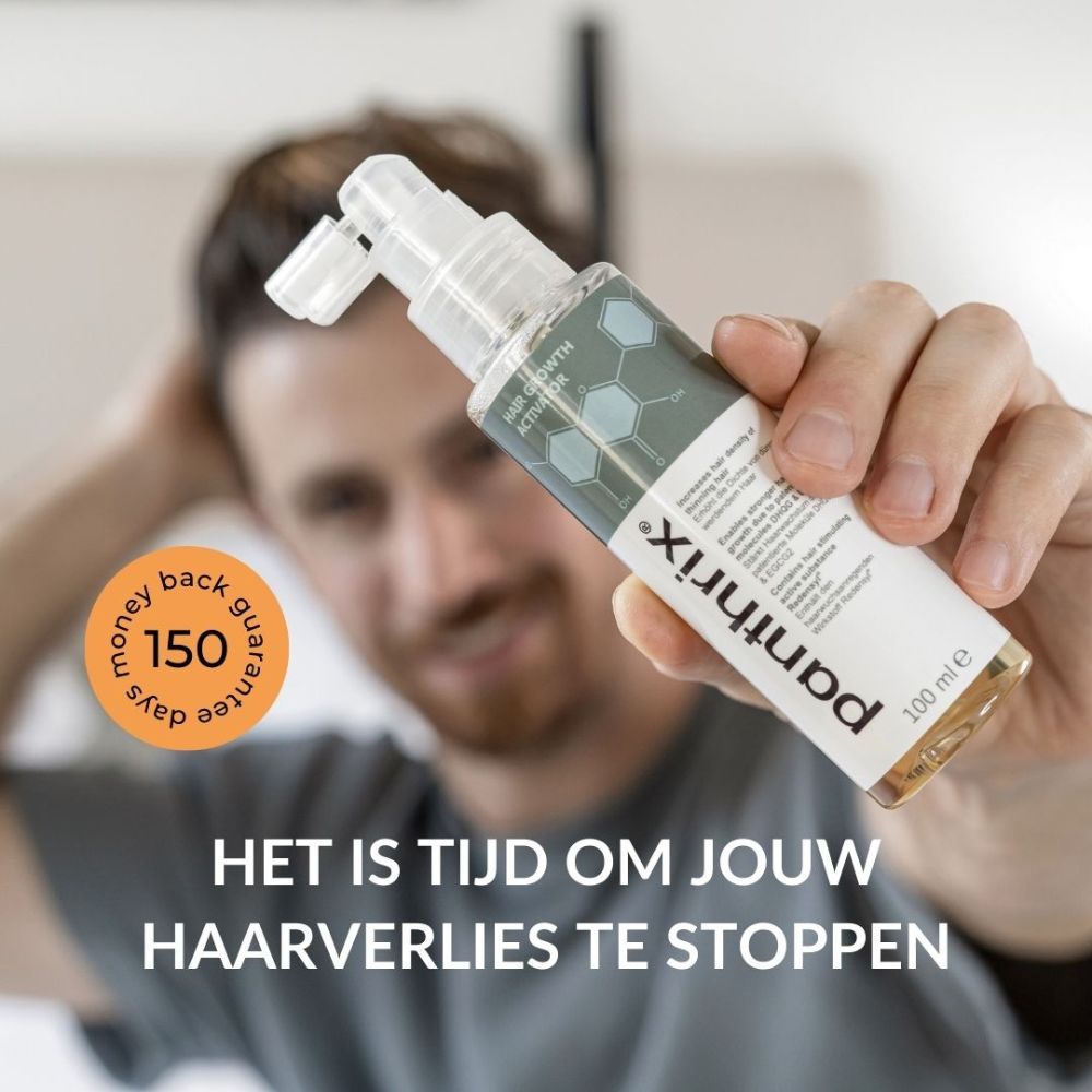 Man houdt shampoo fles vast. Tekst: Het is tijd om je haaruitval te stoppen. 150 dagen geld-terug-garantie.