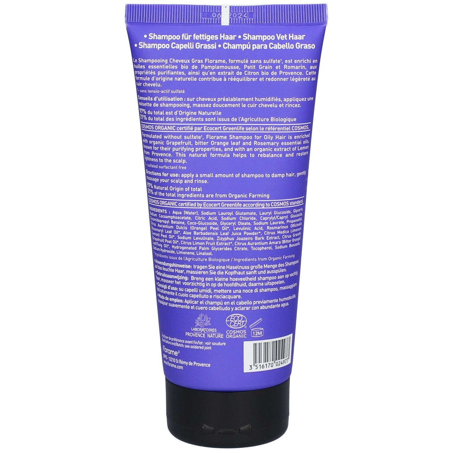 Achterkant van een paarse Florame shampoo tube. Tekst: "Shampoo voor vet haar", ingrediënten, certificeringen en instructies.