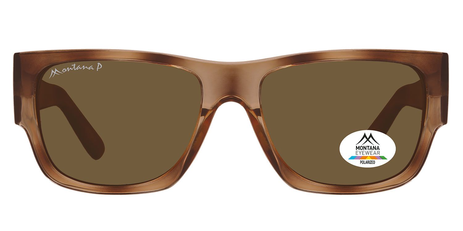 Lunettes de soleil marron avec verres rectangulaires. Logo Montana Eyewear sur la lentille et la branche. Polarisées.