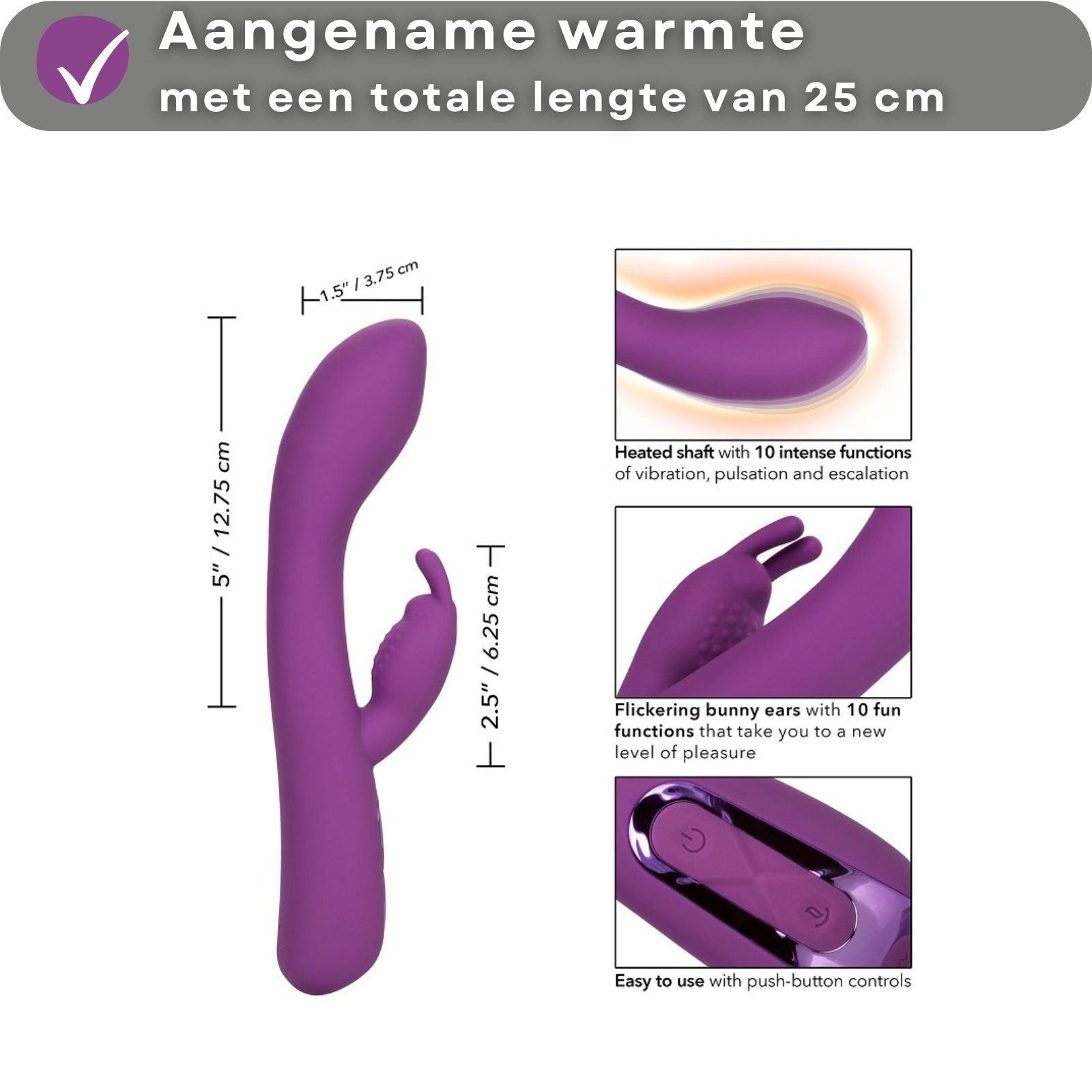 Paarse vibrator met konijnenoren. Afmetingen en functies.