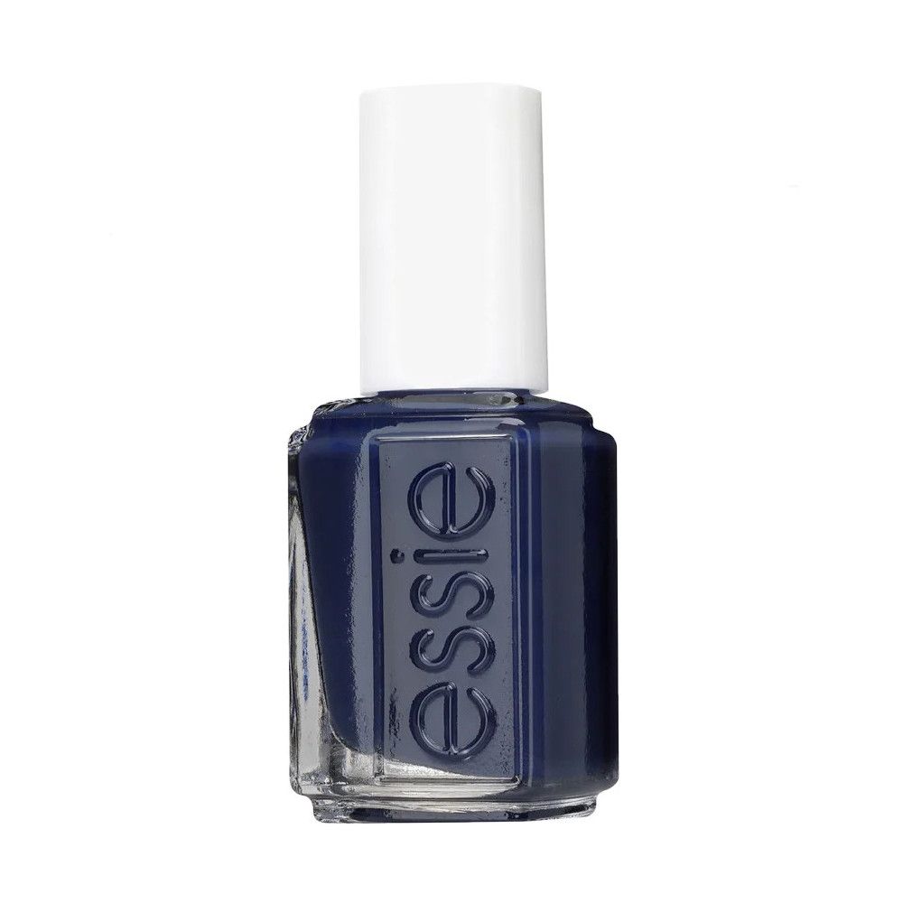 Essie nagellakflesje, donkerblauw. Witte dop, transparante fles, productnaam.