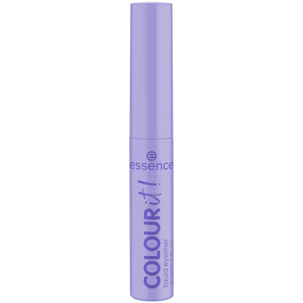 Eyeliner liquide lilas. Flacon et bouchon violets. Inscription : Colour it! et essence.