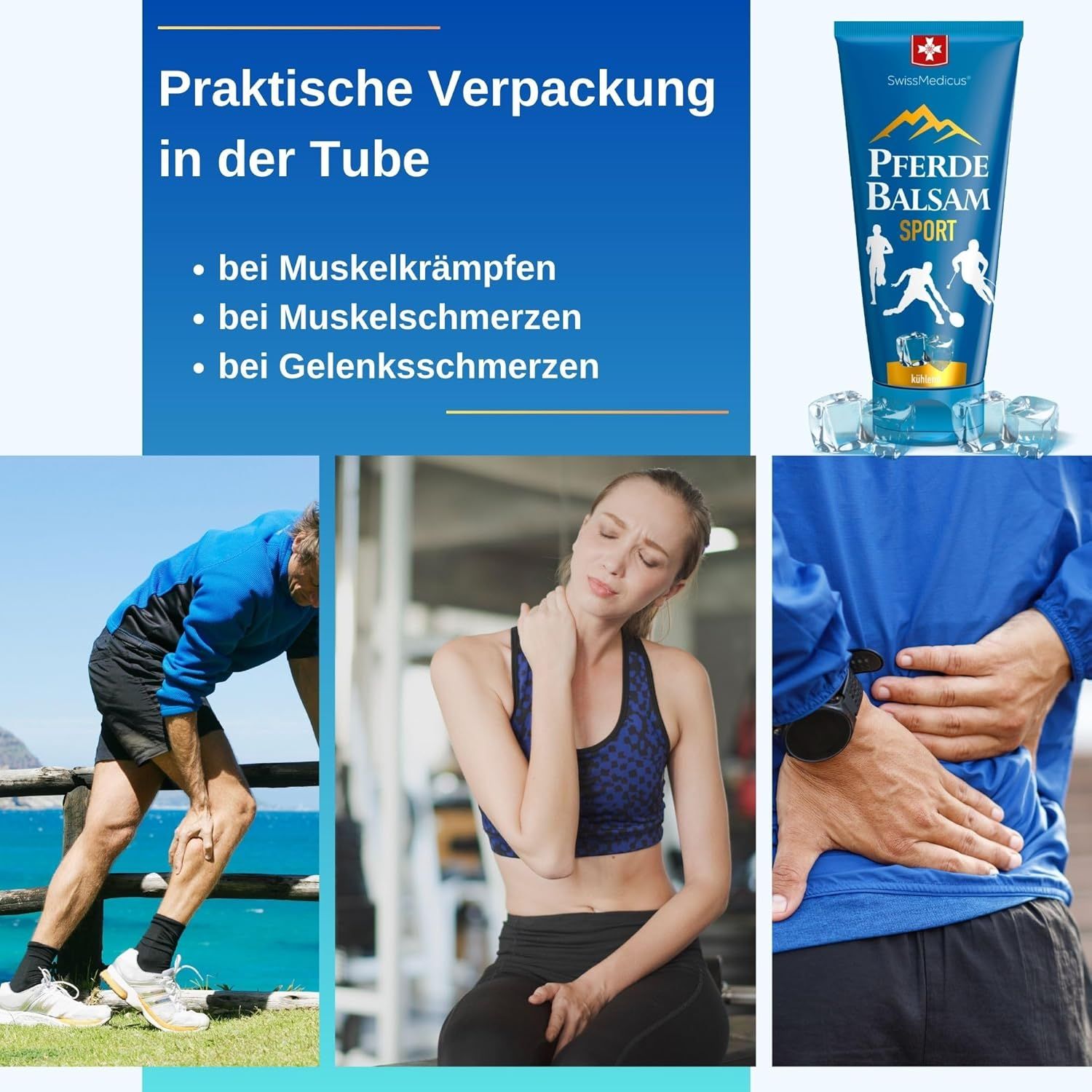 Blauwe tube "Pferde Balsam Sport". SwissMedicus-logo. IJsblokjes. Afbeeldingen: Kramp, pijn, gewrichtspijn.
