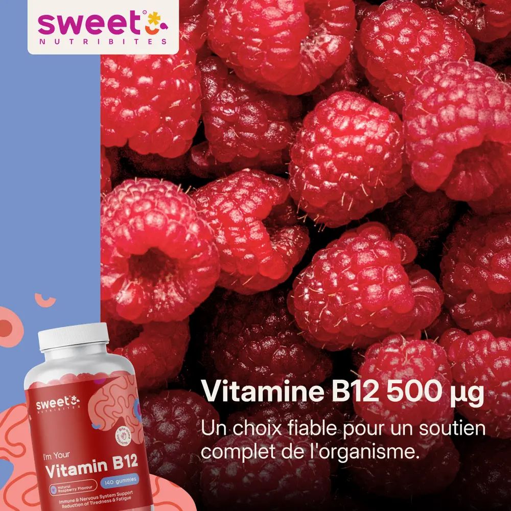 Vitamine B12 500 µg et 140 gommes. Framboises en arrière-plan. Soutien fiable.