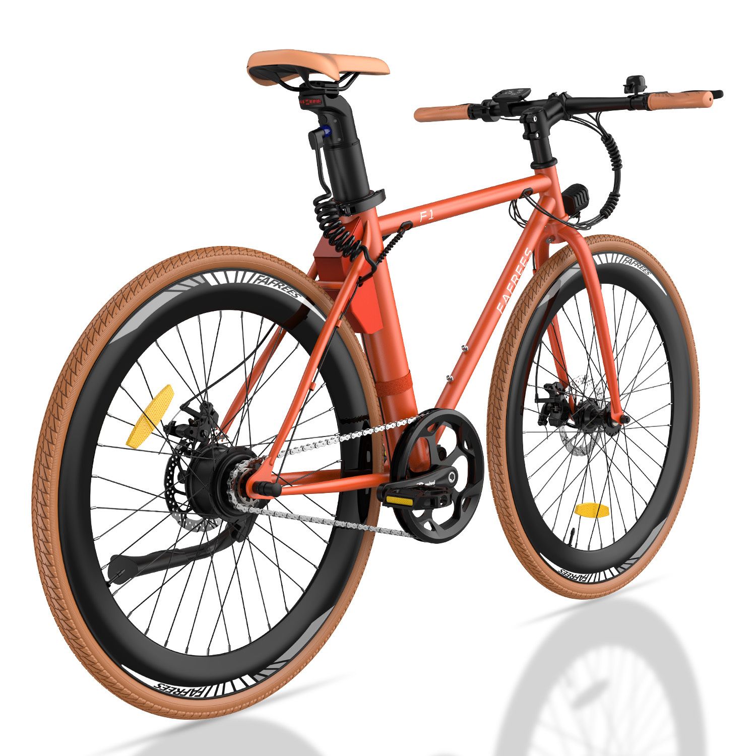 Oranje elektrische fiets met bruine banden en zadel. Fafrees-logo en F1-modelaanduiding zichtbaar.