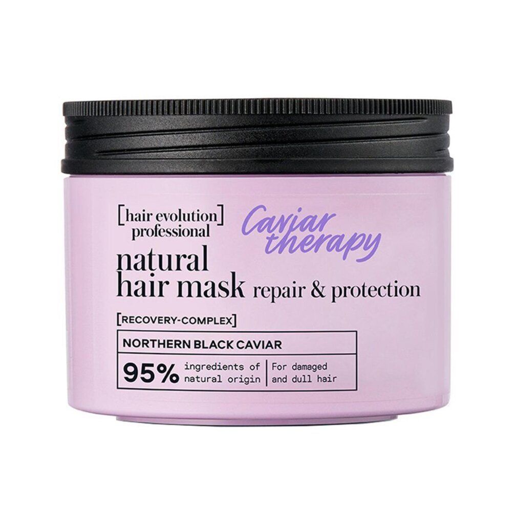 Roze pot met zwarte deksel. Opschrift: Caviar Therapy, Natural Hair Mask, Northern Black Caviar.