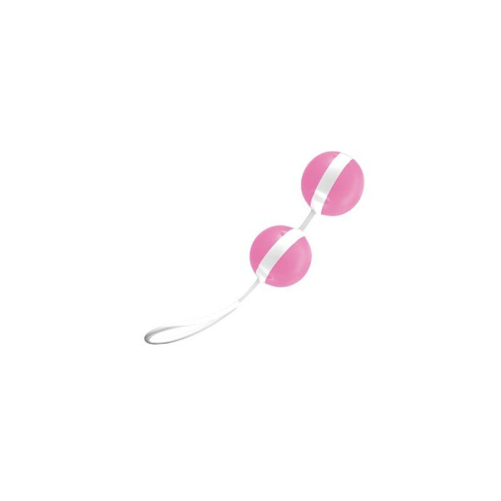 Twee roze ballen met witte strepen, verbonden door een koord met lus.