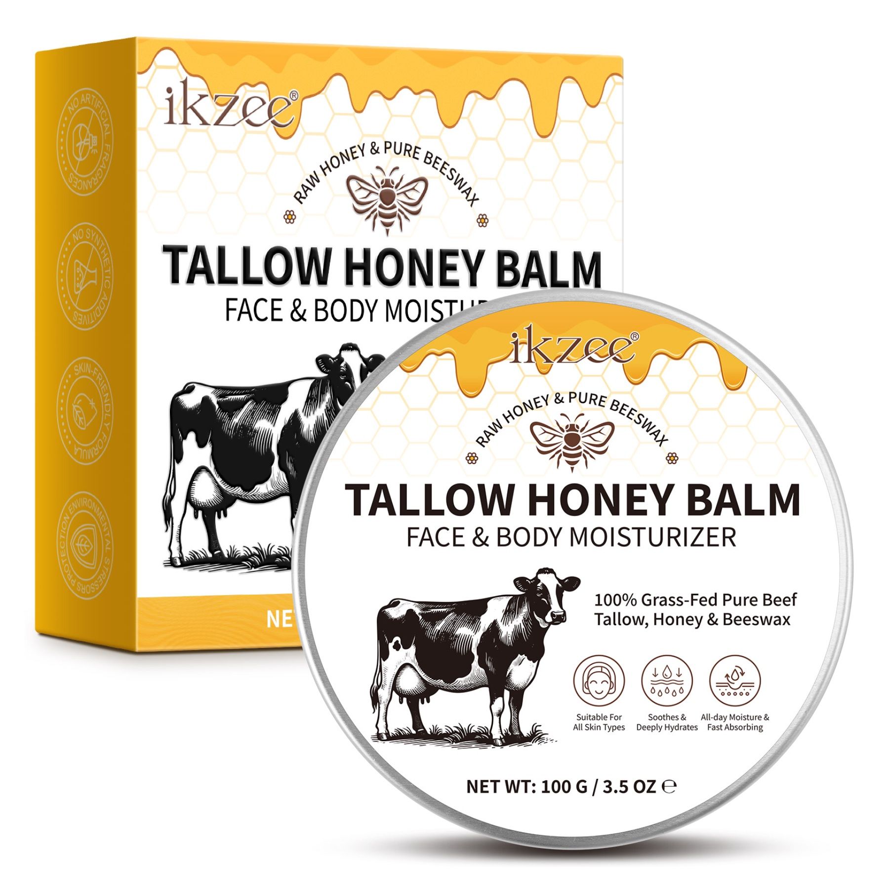 Boîte et pot ronds. Inscription: Tallow Honey Balm, Face & Body Moisturizer. Illustration de vache.