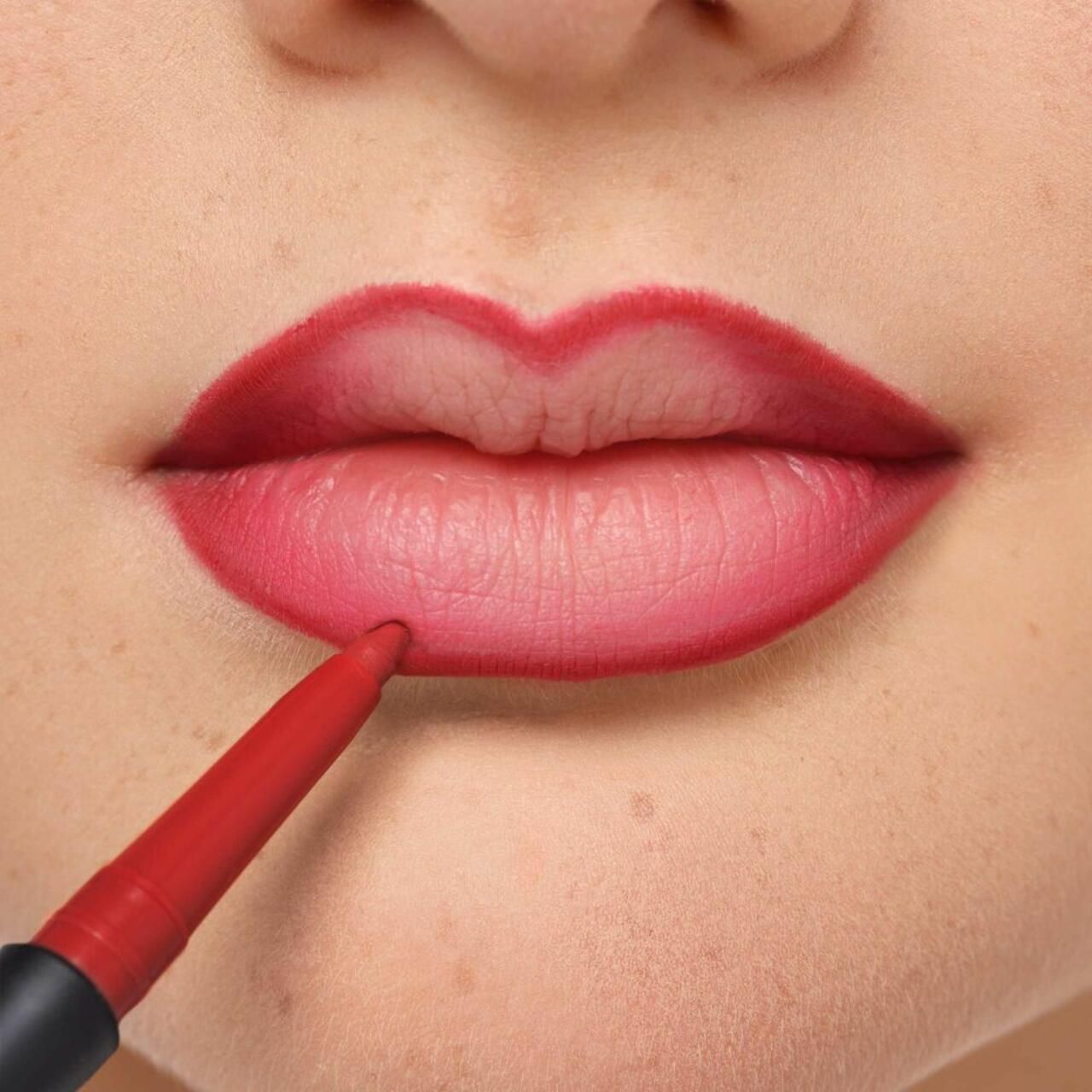 Lèvres bordées d'un rouge à lèvres rouge. Le rouge à lèvres est appliqué.